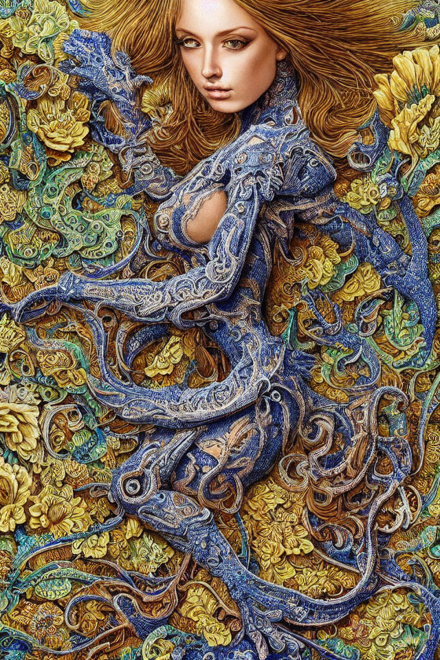 Intricate gold and blue tapestry with woman blending in