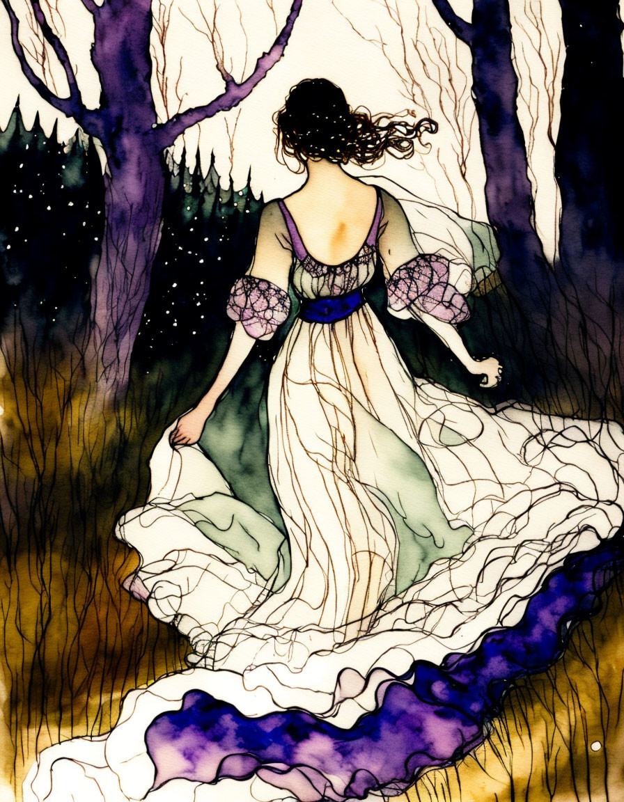 Woman in elegant dress walking through mystical forest at night