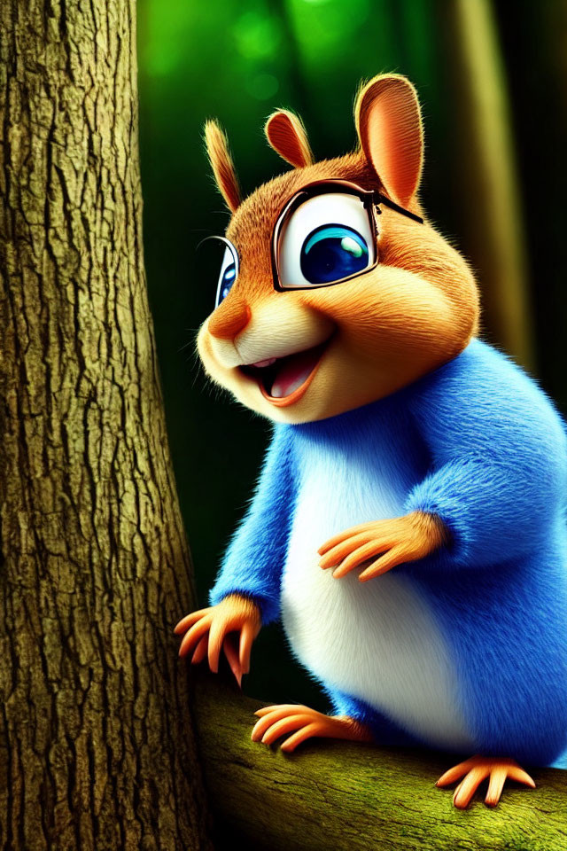 Cheerful chipmunk with blue torso in forest scene