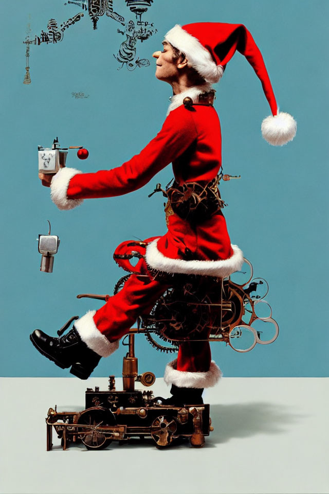 Santa Suit Figure on Steampunk Machine with Paint Gun