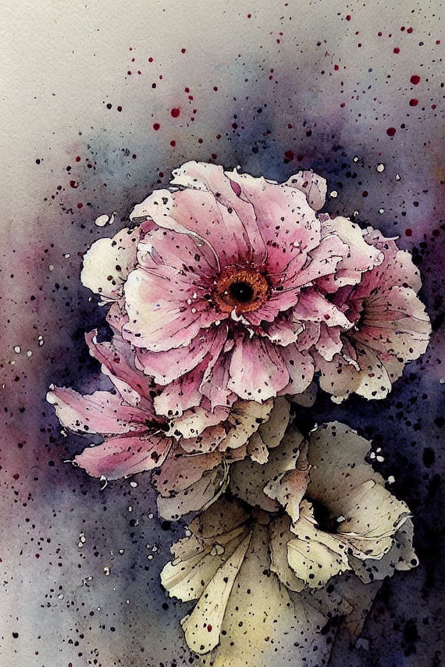 Pink flower watercolor painting with ink splatter on mottled background