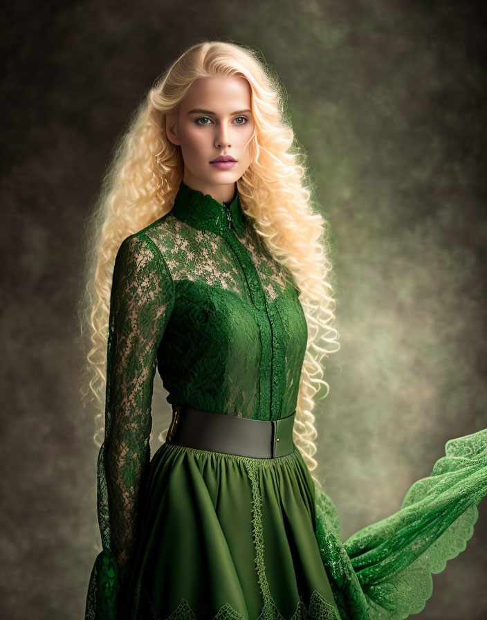 Blonde Woman in Green Lace Dress on Textured Background