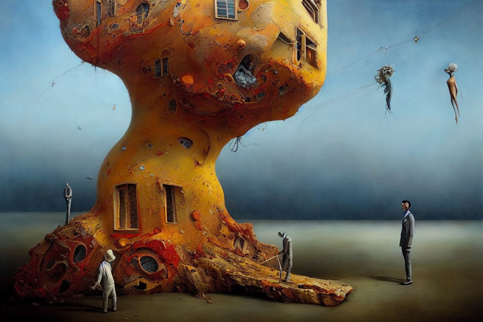 Surreal Tree-Like Structure with Whimsical House Features and Figures in Misty Air