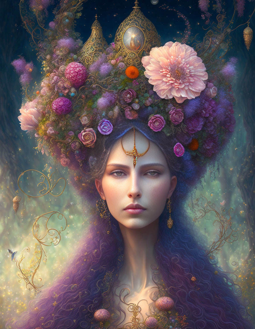 Mystical woman adorned with flower crown and jewelry in dreamy setting