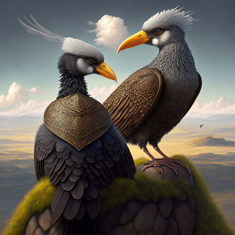 Stylized birds in elaborate armor on rocky outcrop