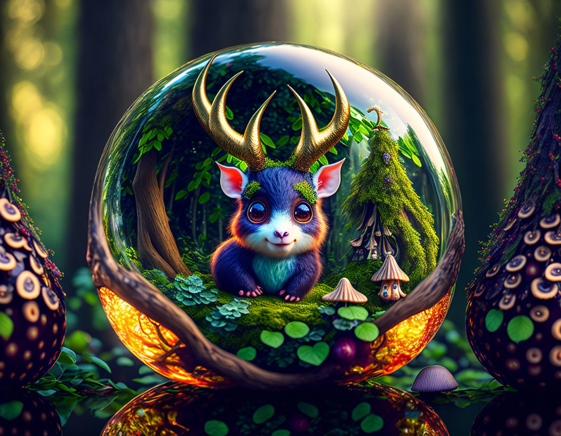 Whimsical creature with antlers in glass orb, surrounded by nature and ornate eggs