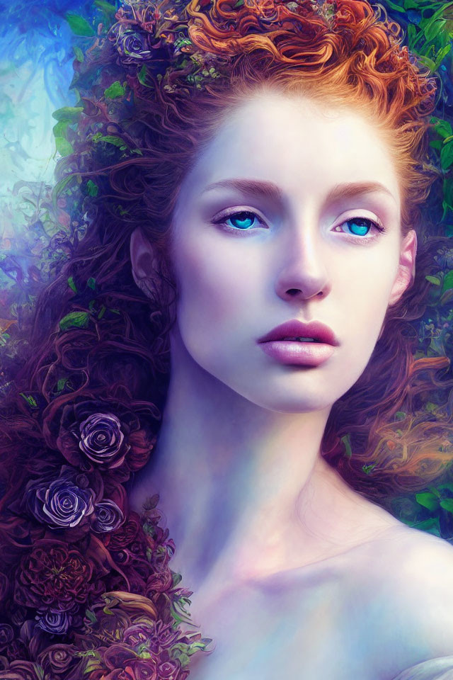 Digital Artwork: Woman with Red Hair and Blue Eyes Among Floral Elements