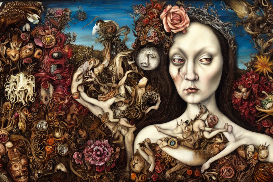 Detailed surreal painting: central female figure, eyes, flowers, faces, organic textures