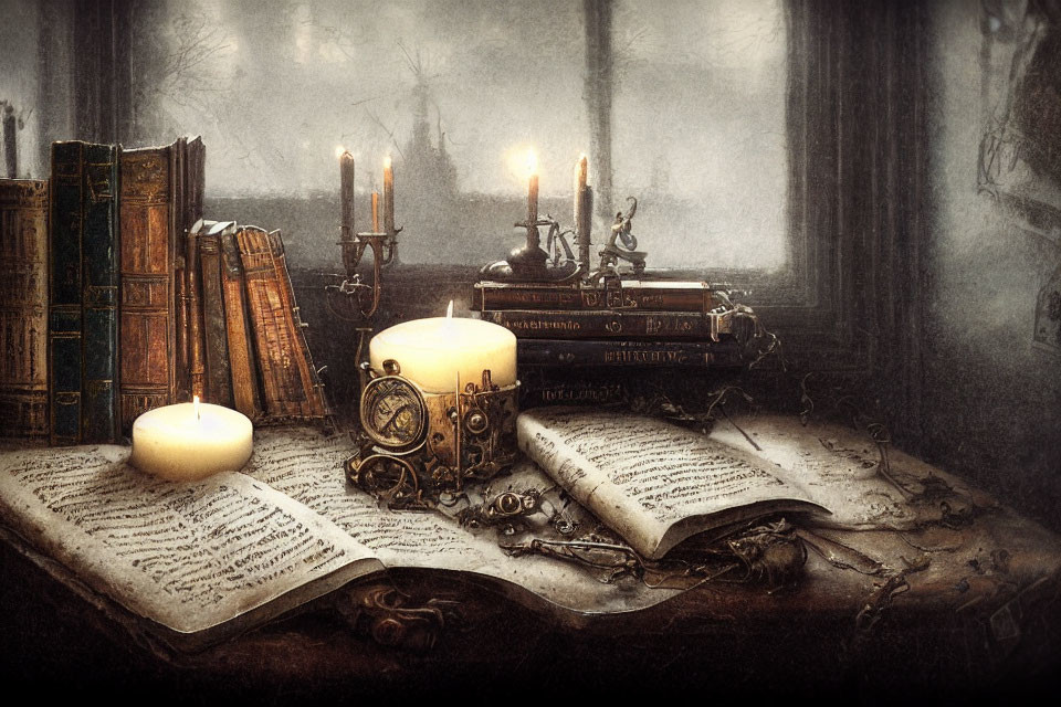 Vintage open book, quill pen, candles, books, forest backdrop on wooden desk