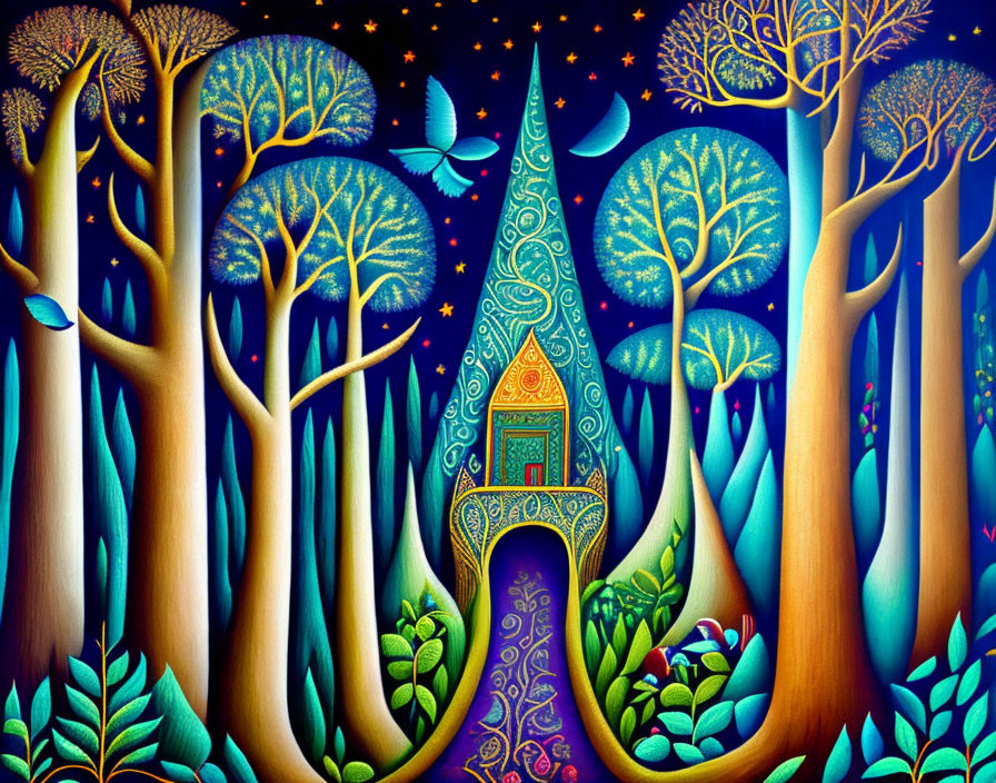 Colorful folk-art style painting: Whimsical trees, hidden door, birds, celestial elements