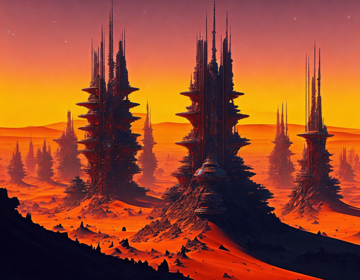 Alien cityscape with towering spires on orange desert planet