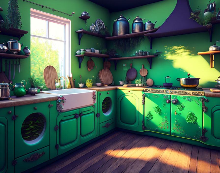 Ornate green-themed kitchen with hanging plants and sunlight