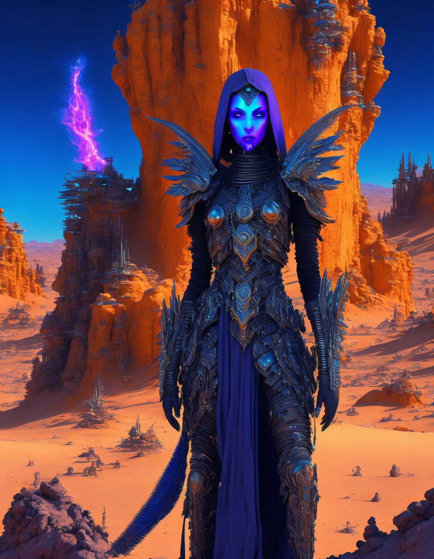 Blue-skinned alien in dark armor amidst desert lightning