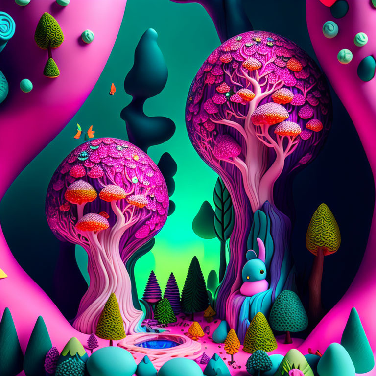 Colorful Fantasy Landscape with Neon Trees and Whimsical Flora