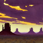 Cartoon desert buttes under purple sky with yellow clouds