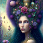 Vibrant purple and blue mystical portrait of a woman with floral headpiece, peacock, and