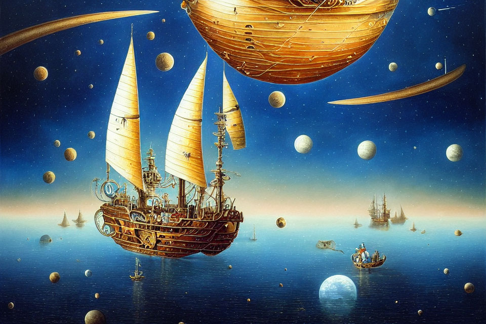 Wooden ships sailing through space among planets in surreal scene