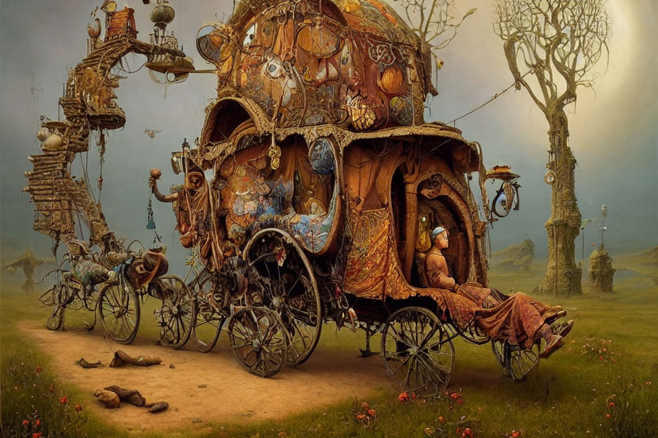 Whimsical steampunk caravan in serene fantasy landscape