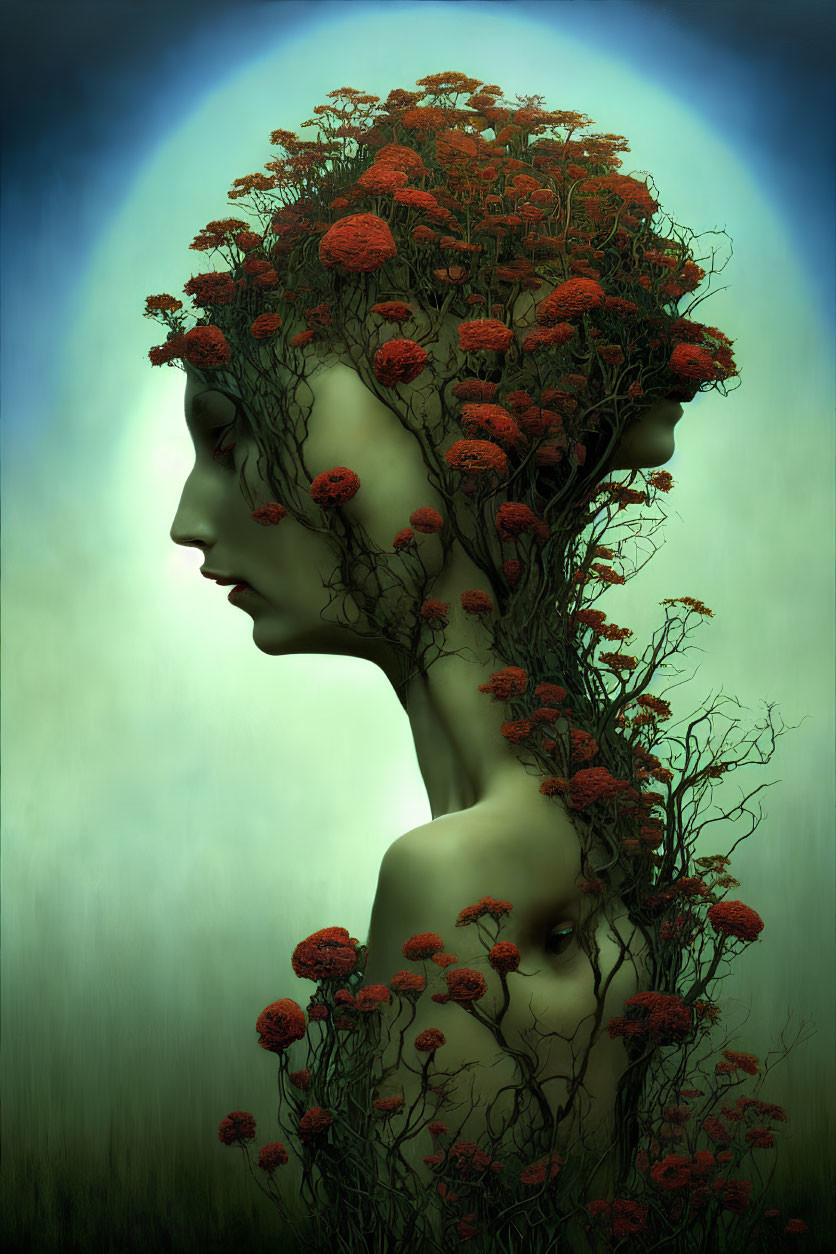 Surreal figure with branch-adorned head in profile against green and blue backdrop