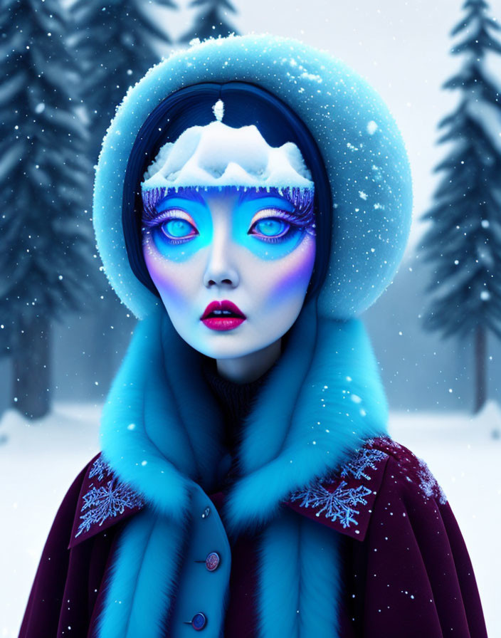 Illustrated woman with blue eyes in snow-covered attire among snowy pine trees