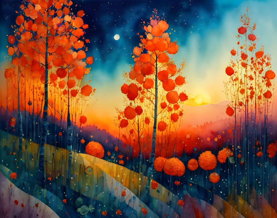 Vivid Autumn Trees Painting with Red-Orange Leaves and Sunset to Starry Night Sky