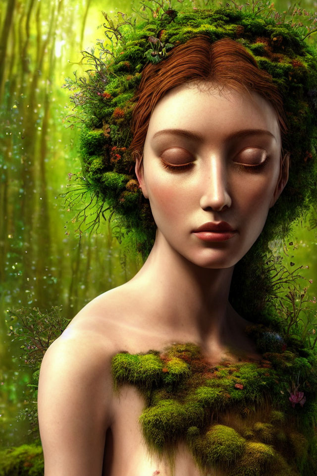 Woman with Moss-Covered Headpiece in Forest Scene