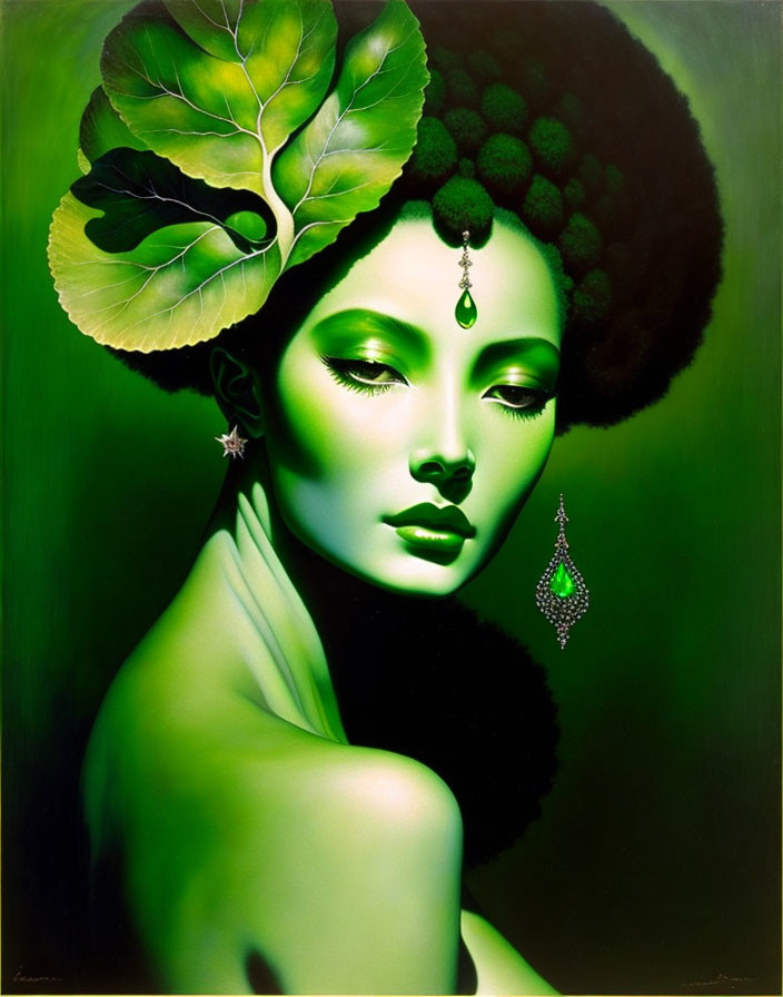 Stylized portrait of woman with green skin and leaf adornments