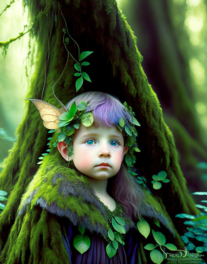 Illustration of child with violet hair, leafy crown, and moth wings in woodland scene