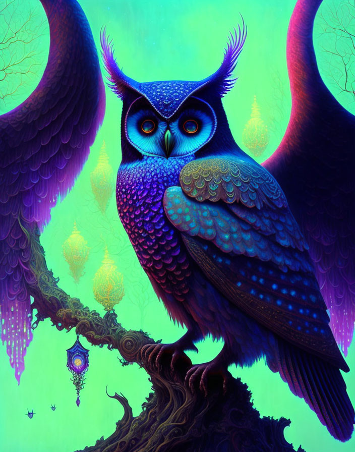 Colorful digital illustration of blue and purple owl on branch with glowing orbs