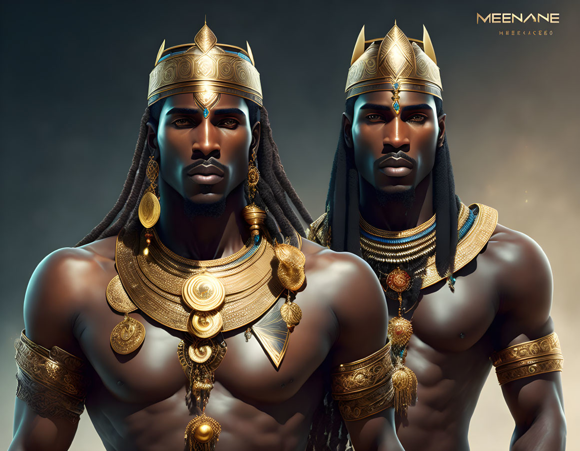 Men in Ancient Egyptian attire with golden headdresses and jewelry on warm backdrop