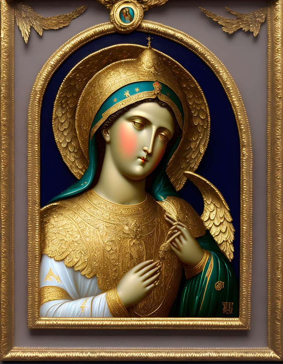 Golden Attired Haloed Figure on Blue Background in Ornate Frame