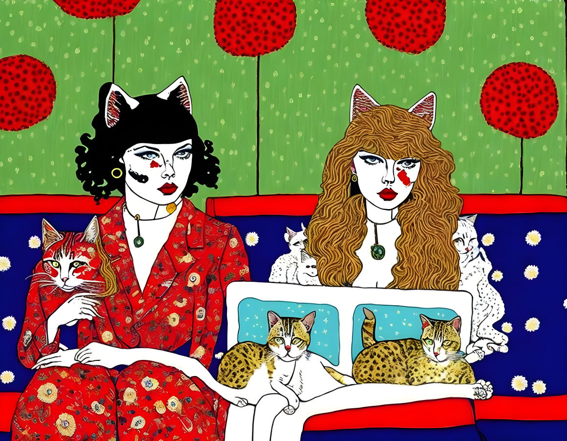 Stylized women with cat-like features holding cats on a colorful couch