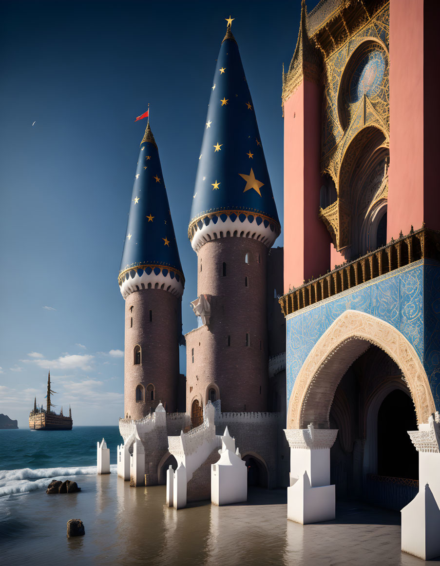 Fantasy-style towers with stars by the sea shore and ornate building under clear blue sky.