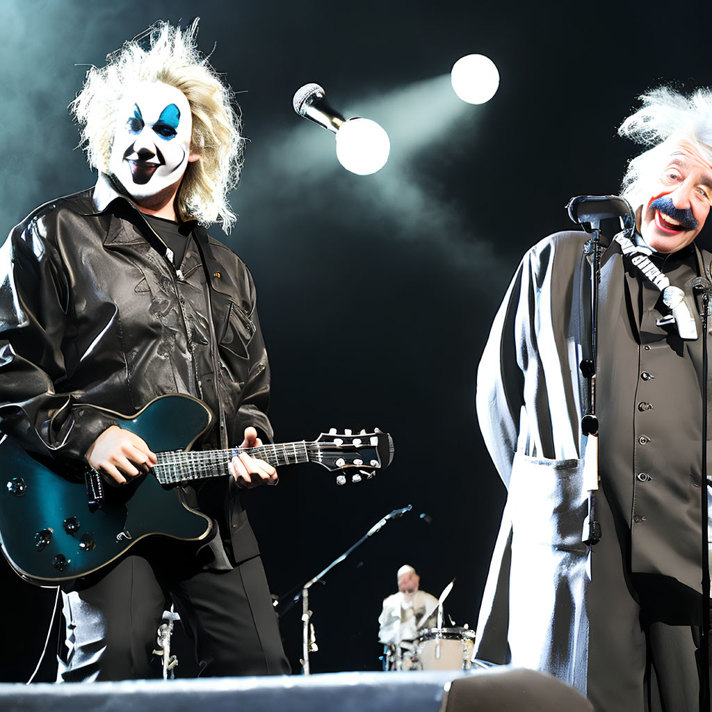 Clowns performing with guitar and singing on stage with drummer