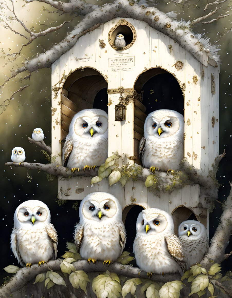 Multiple Snowy Owls in Wooden Treehouse with Clock and "Reserve" Sign