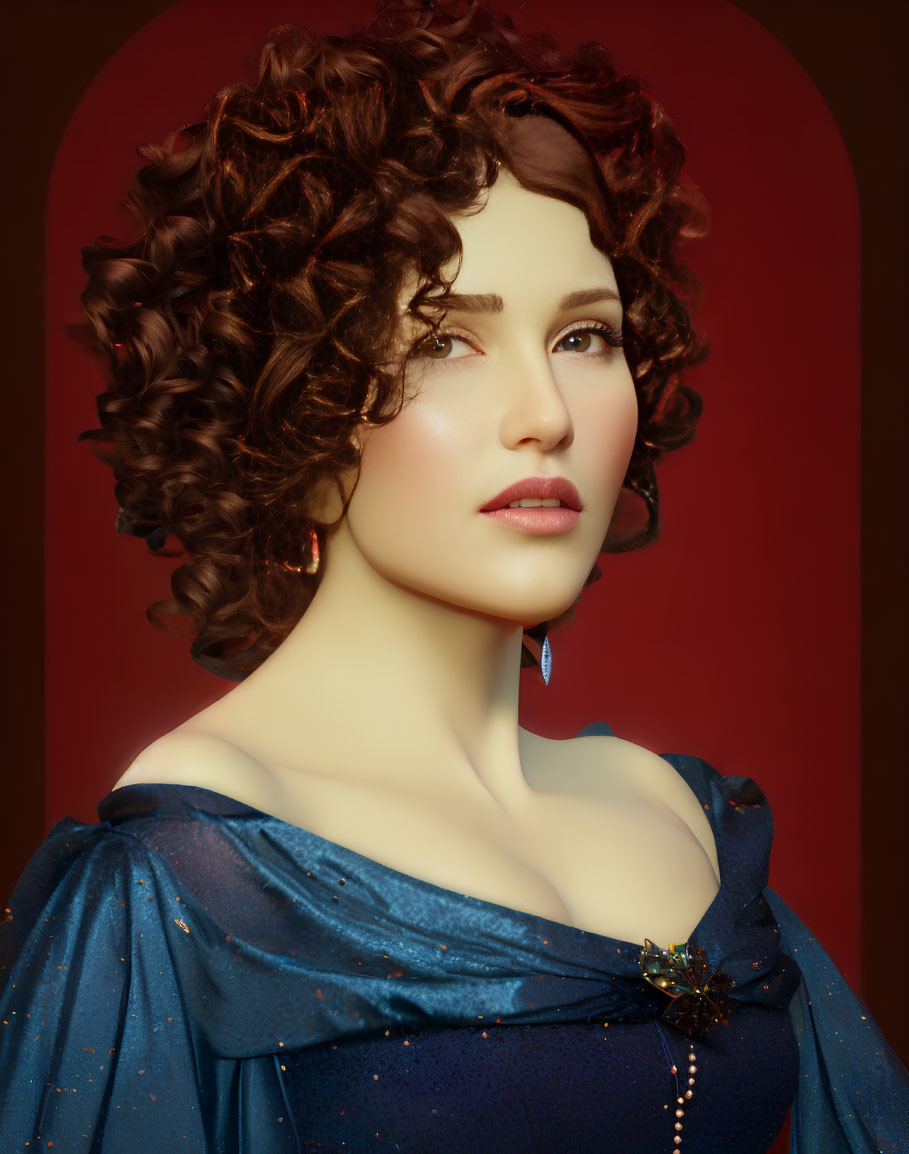 Curly brown-haired woman in blue dress with glitter details and brooch on warm-toned backdrop