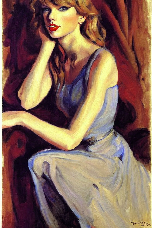 Portrait of a Thoughtful Woman in Blue Dress with Curly Hair