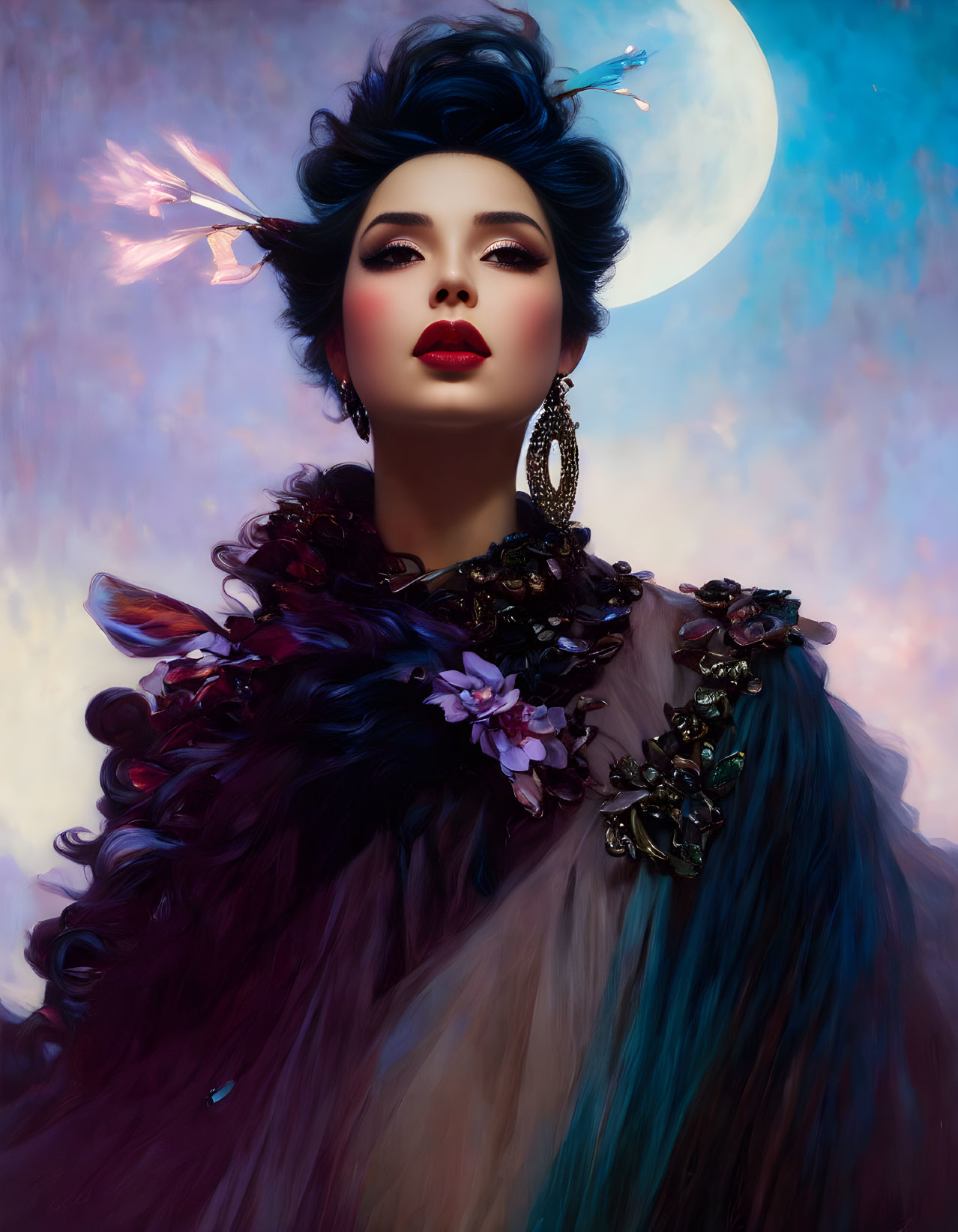 Woman with dramatic makeup and ornate hairstyle in moonlit setting