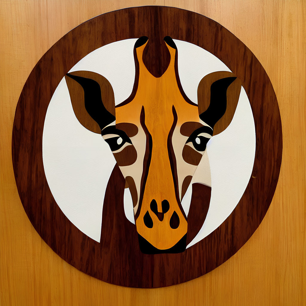 Wooden Giraffe Face Inlay Artwork with Abstract Design on Circular Background