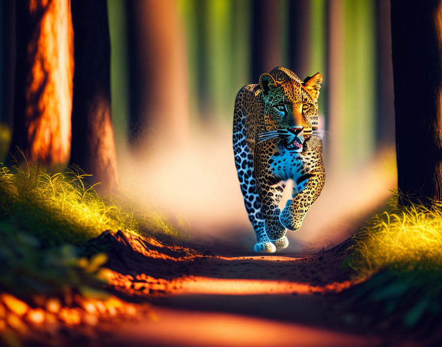 Leopard carrying prey in forest setting with tall trees and shadows.