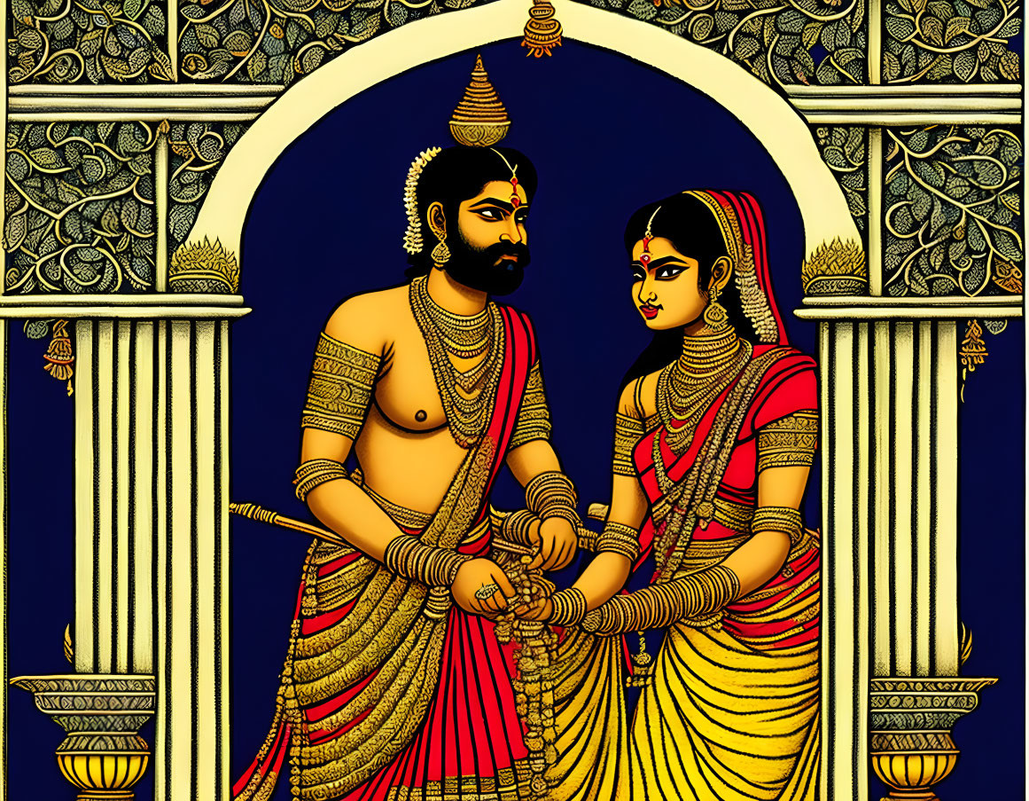 Traditional Indian Artwork: Royal Couple in Elaborate Attire under Ornate Archway