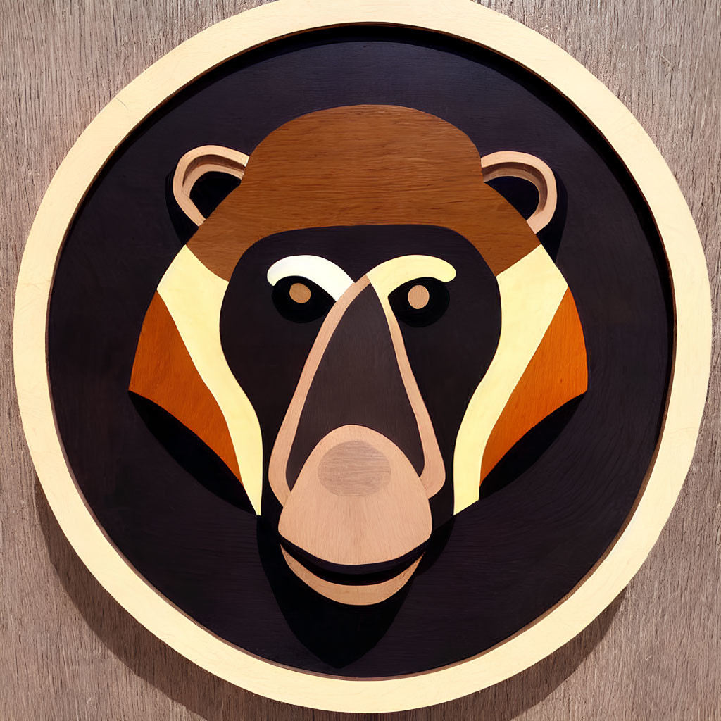 Geometric Wooden Bear Face Artwork in Circular Frame