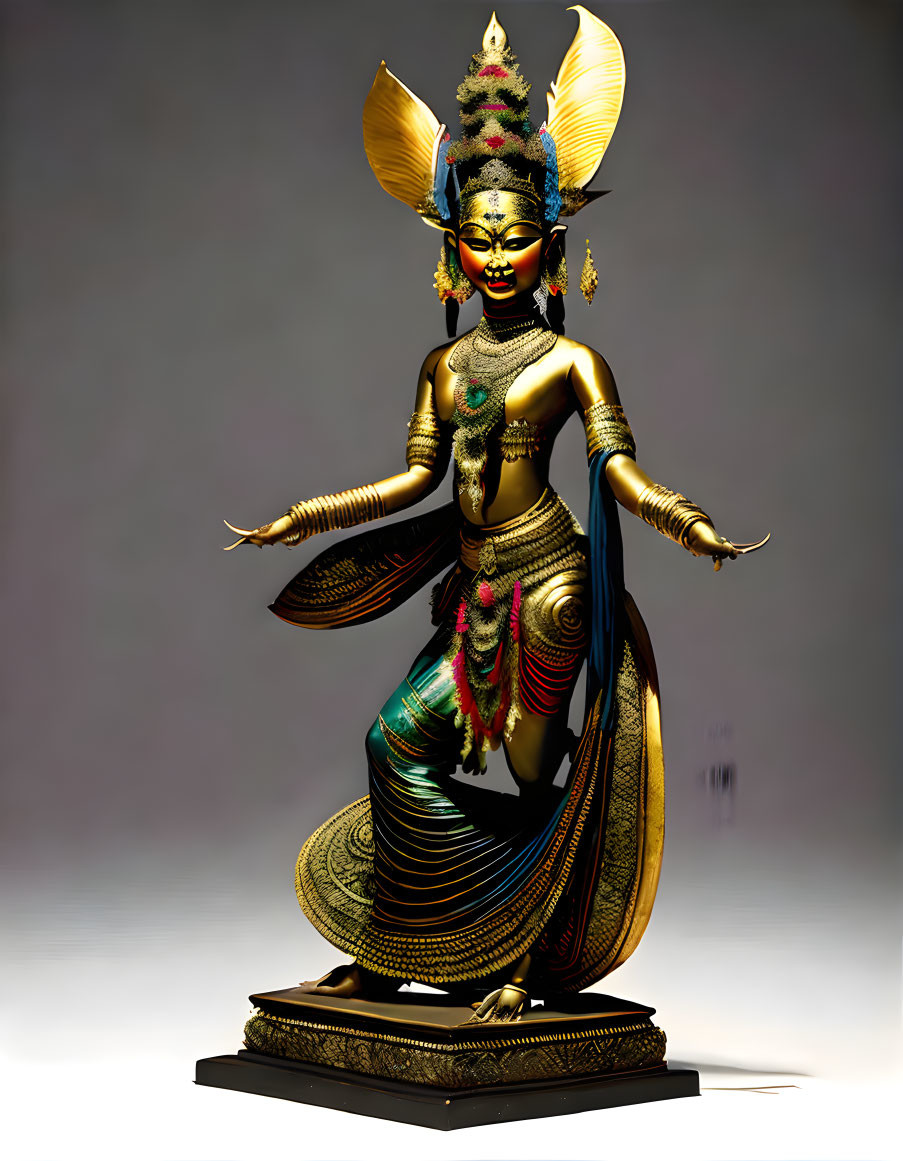 Golden Hindu deity statue with multiple arms and vibrant attire on pedestal