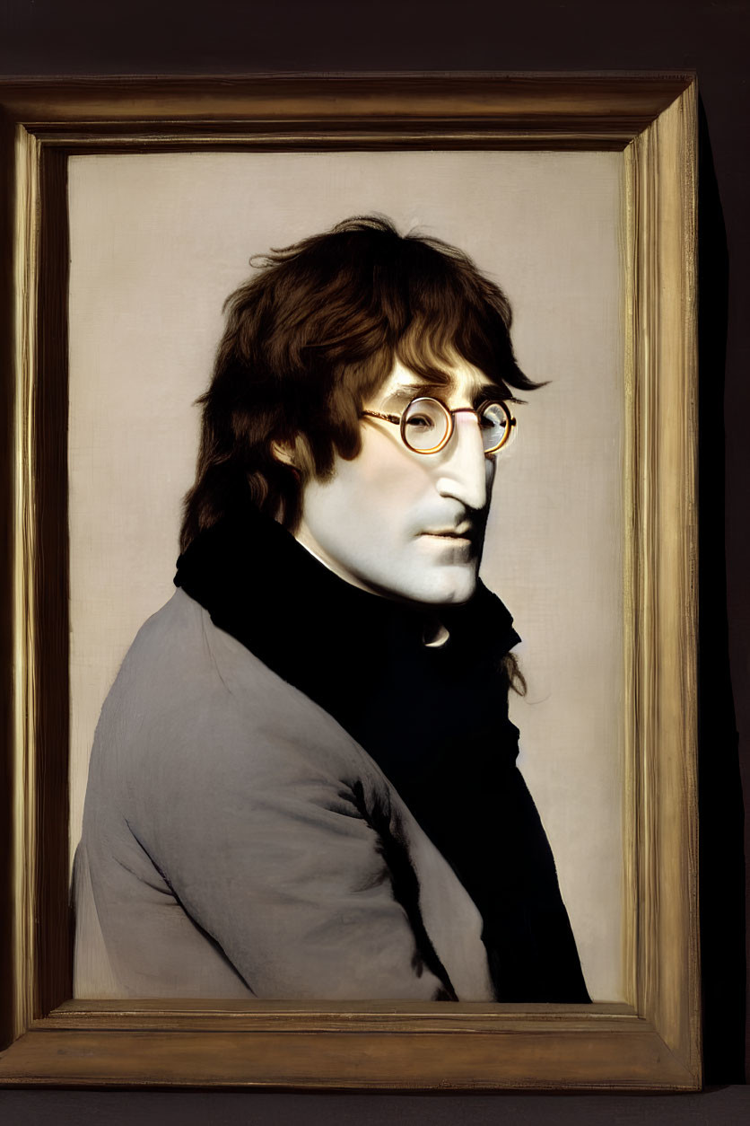 Hyperrealistic portrait of man with round glasses and shoulder-length hair, split color scheme, in classical