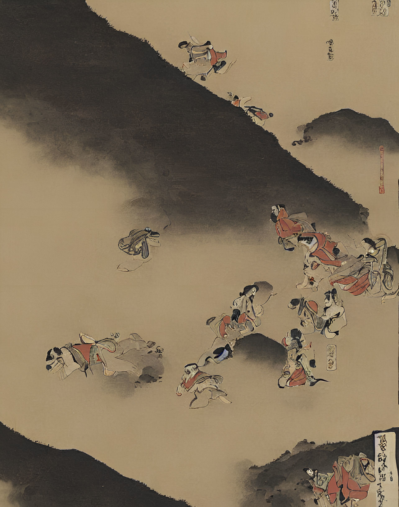 Traditional Asian painting of people on mountain trail