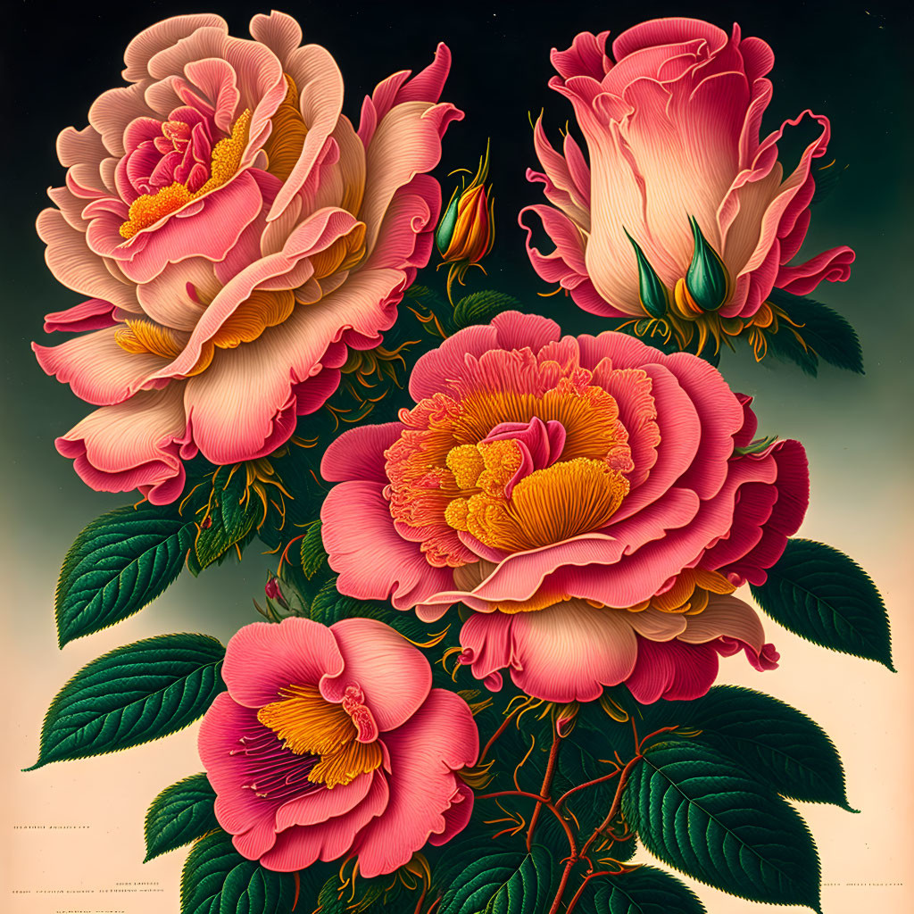 Detailed Pink and Red Peonies on Dark Background with Green Foliage