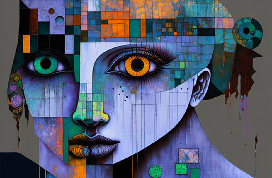 Colorful Cubist-Style Portrait with Mismatched Eyes