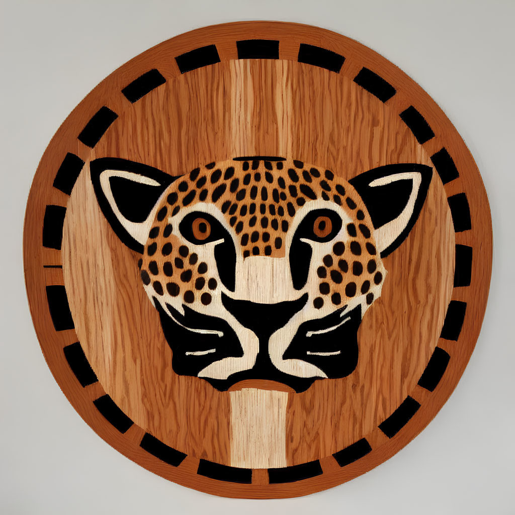 Stylized cheetah face wood wall art with circular background and black accents