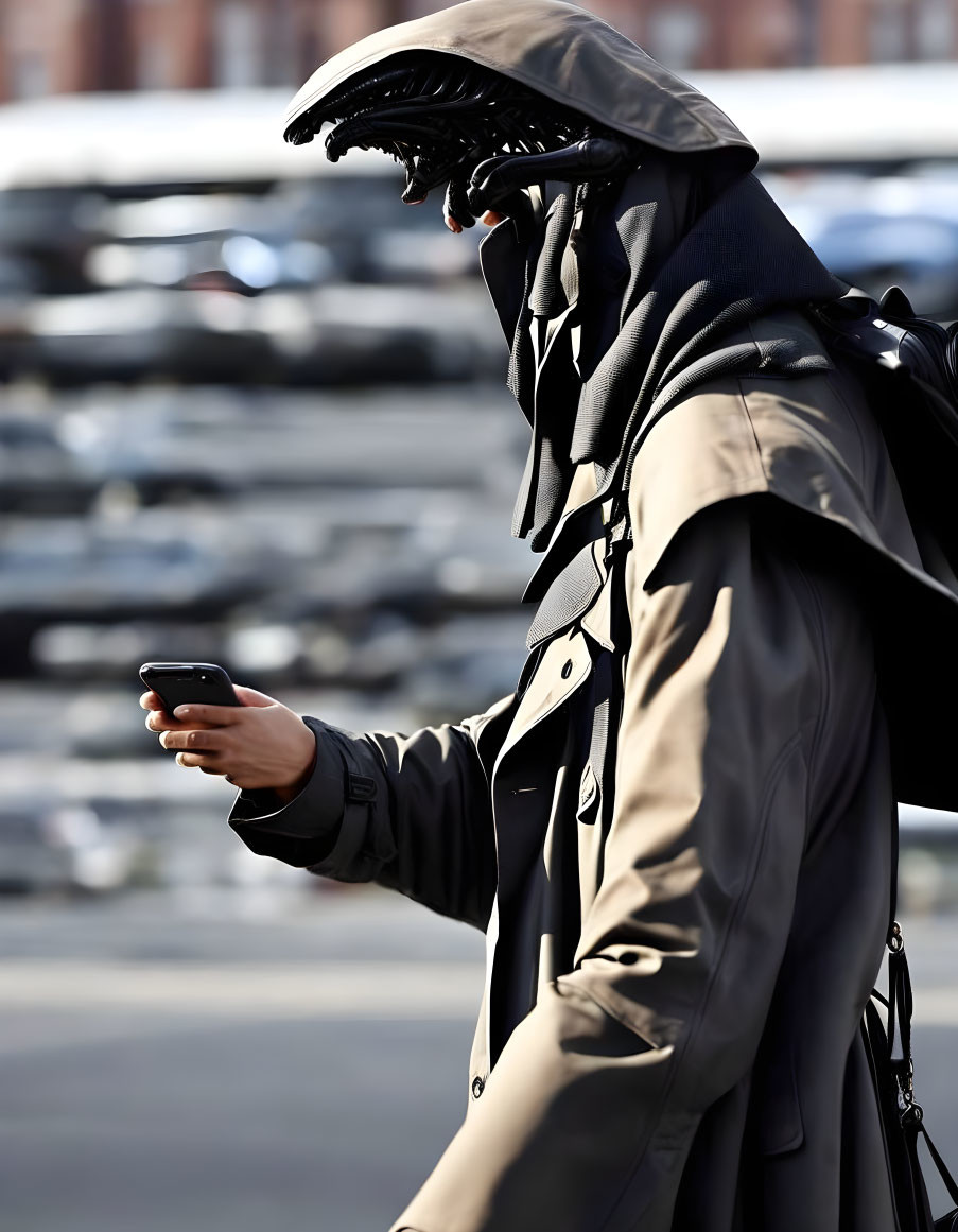 Person in Coat and Scarf Wearing Alien Mask with Mouthpiece Viewing Smartphone