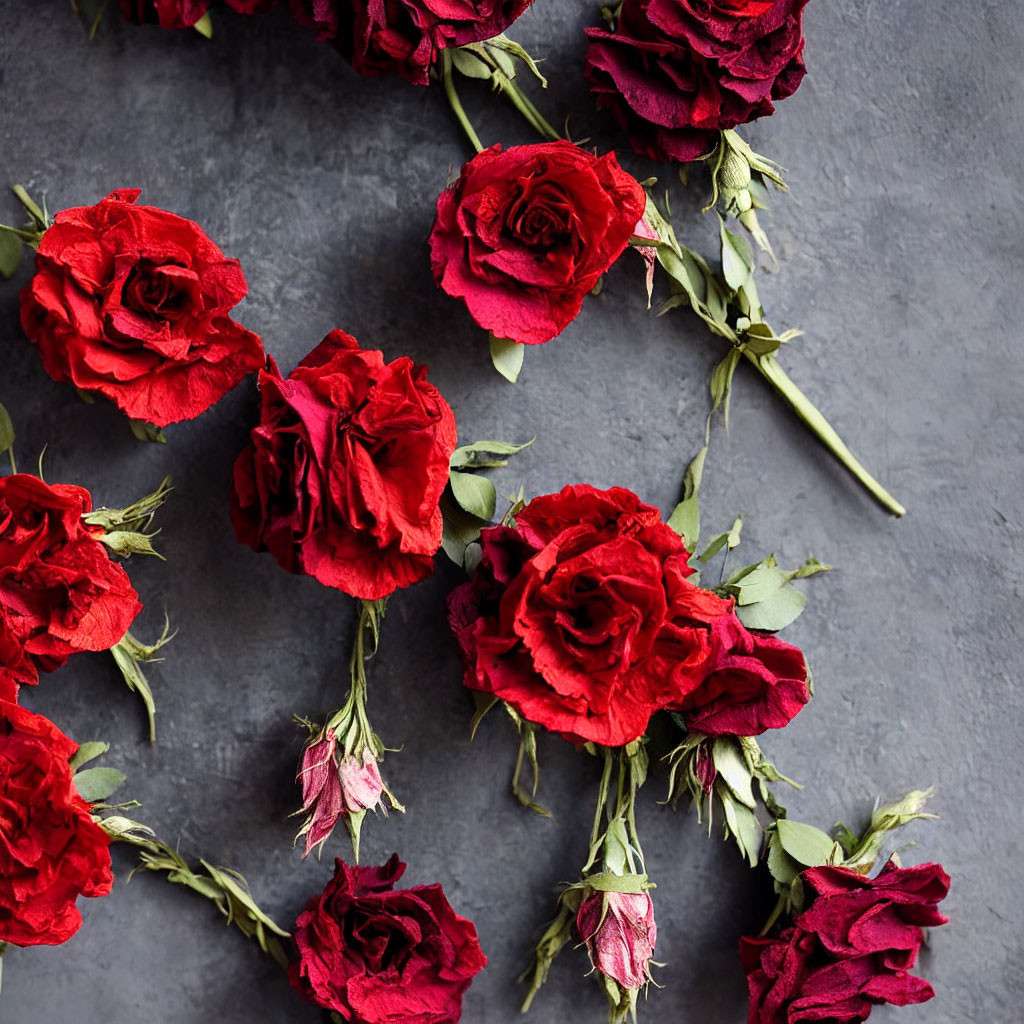 Circular arrangement of deep red roses and buds on textured grey background